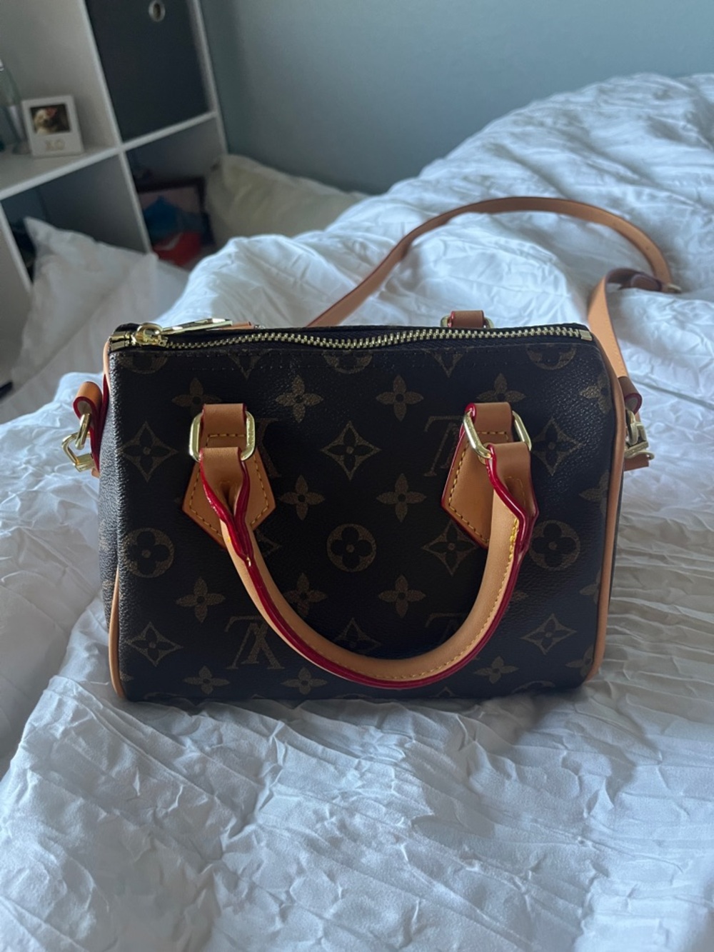 Louis Vuitton Brown Monogram Crossbody with Tan Handles and Red Trim
